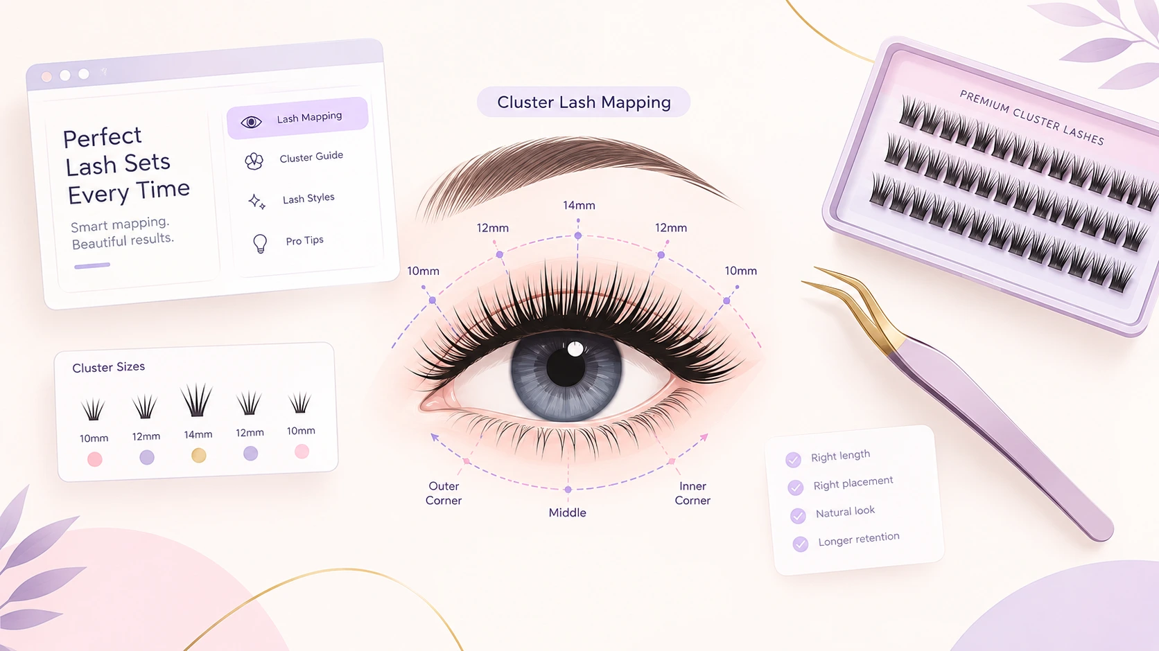Illustration representing Lash Map Lab, a free browser-based DIY cluster lash mapping tool